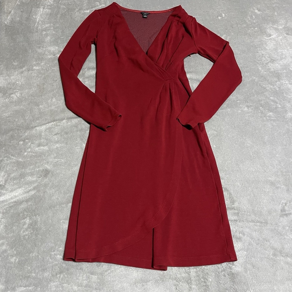 Ann Taylor Faux Wrap Dress Womens 2 Red Long‎ Sleeve V Neck Stretch Quiet Luxury